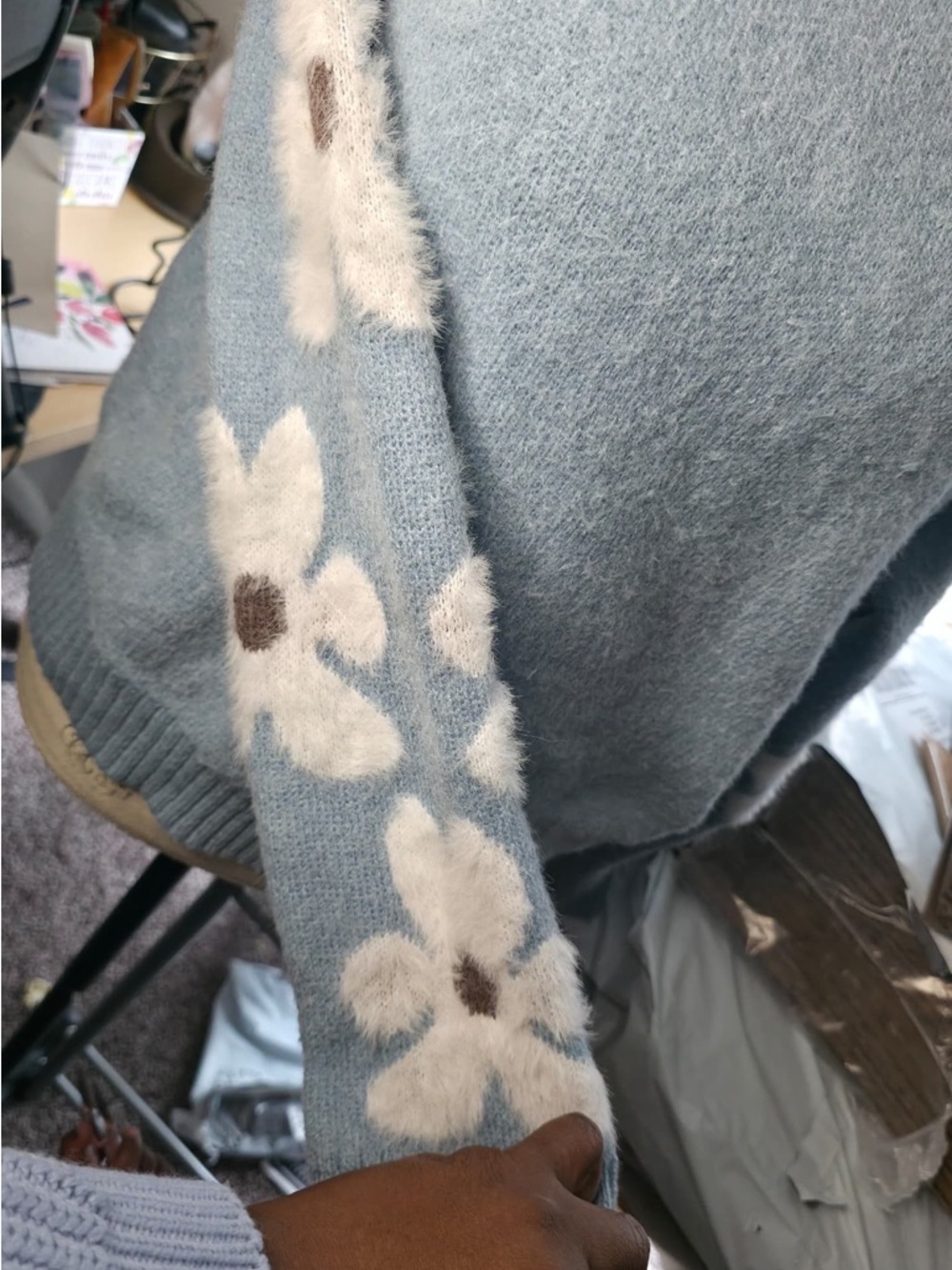 Light Blue Floral Sleeve Crewneck Sweater - Picture 3 of 8